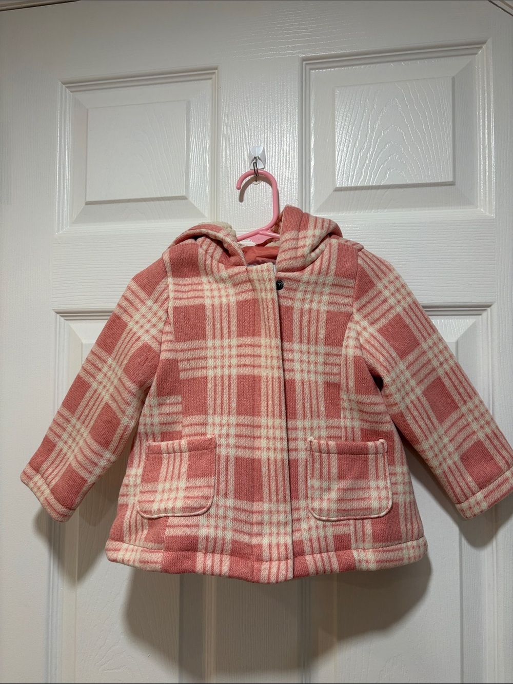 Old Navy Pink and Cream Plaid Hooded Pea Coat